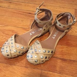 Beige buckle-up ballet flats with silver studs